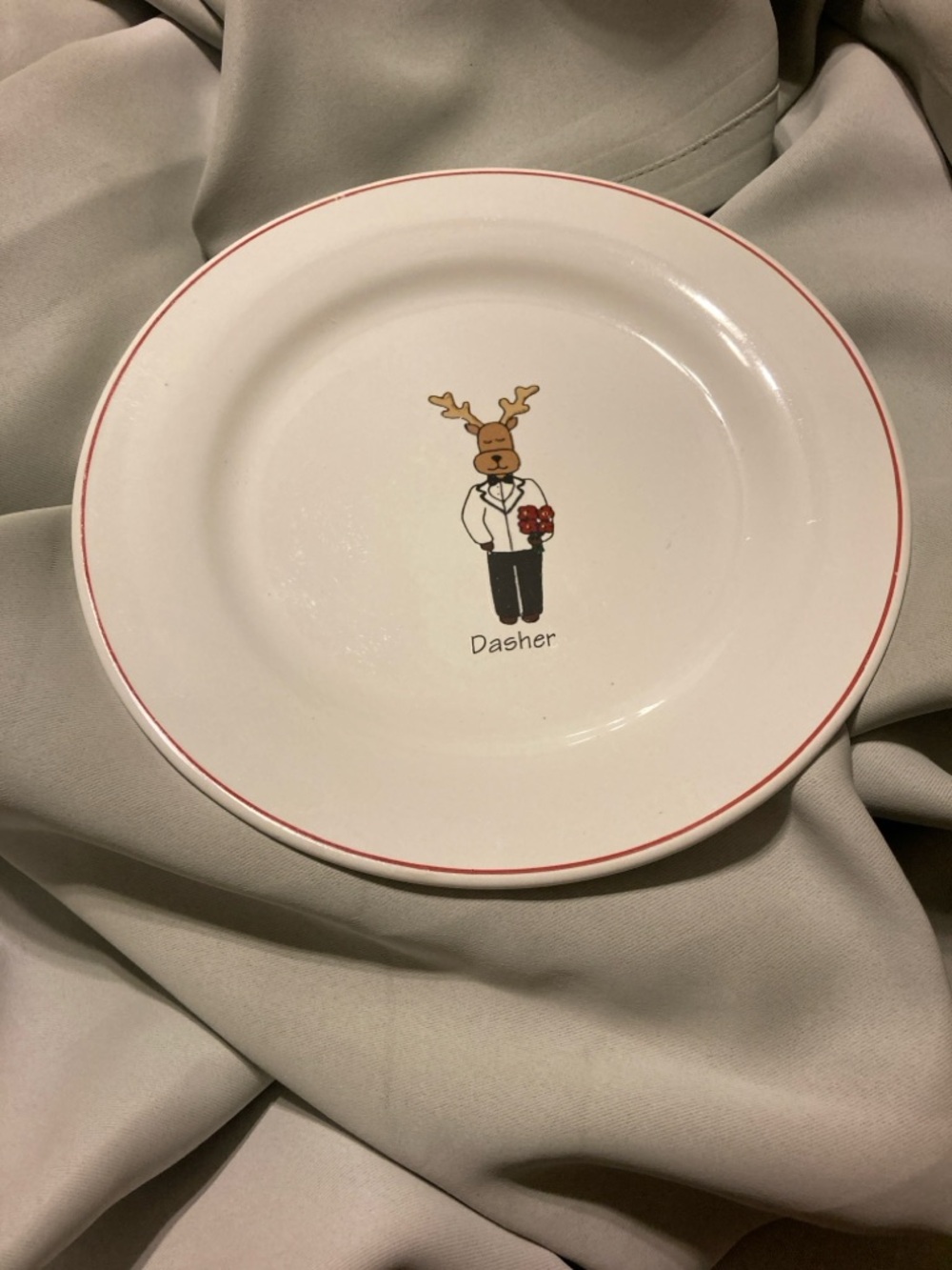 Holiday Reindeer Ceramic Dinner Plate in White with Red Trim